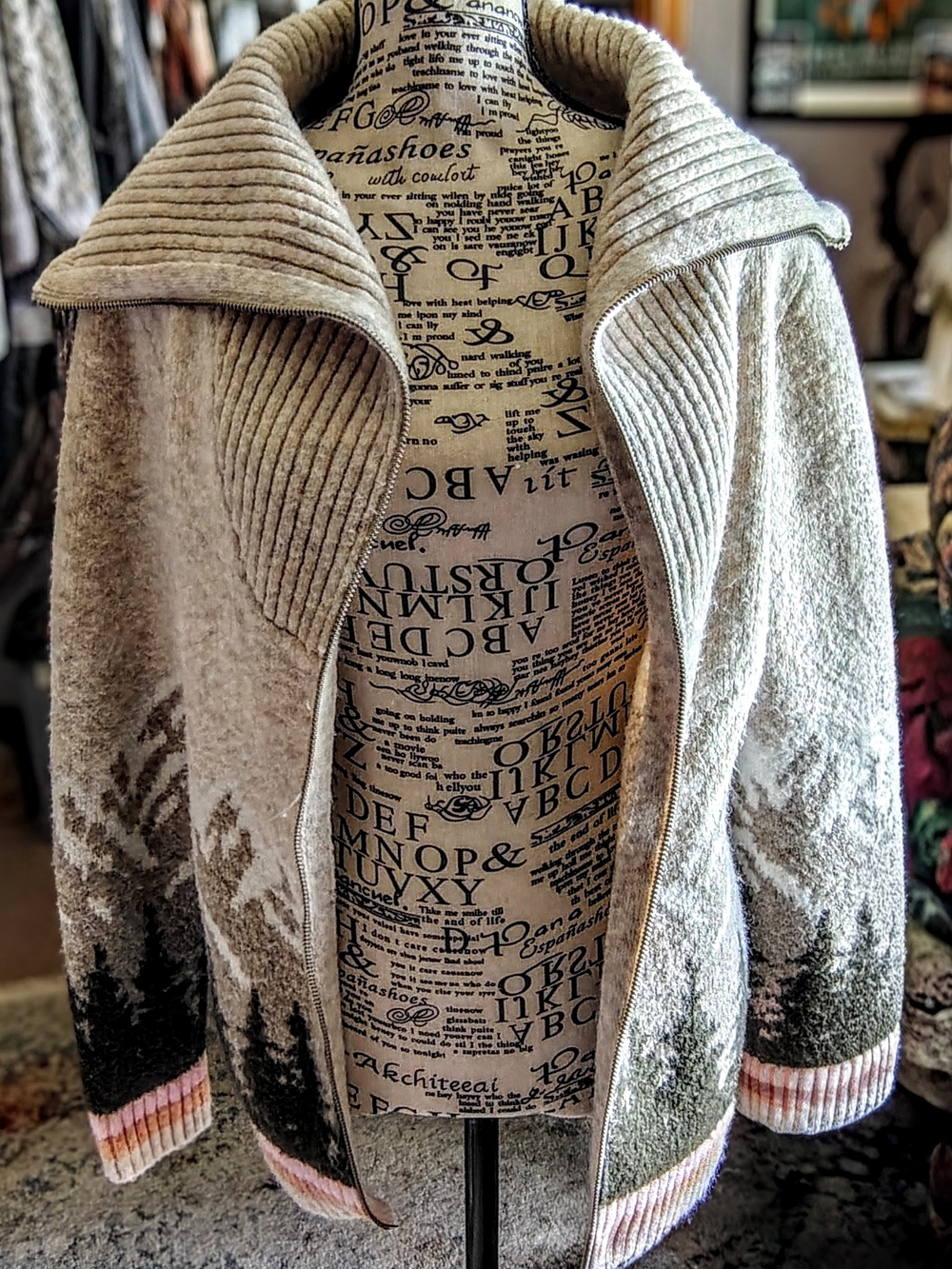 Neutral Forest-Print Zip Cardigan Sweater - Beige/Green - Picture 6 of 6